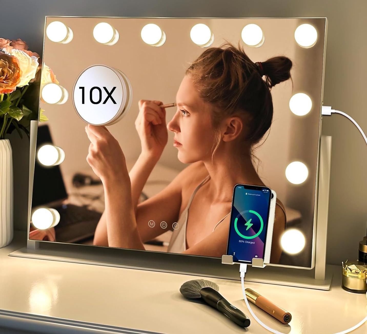 LED Makeup Mirror 50x40cm with 3 Light Modes, 10X Magnifier, Touch Control