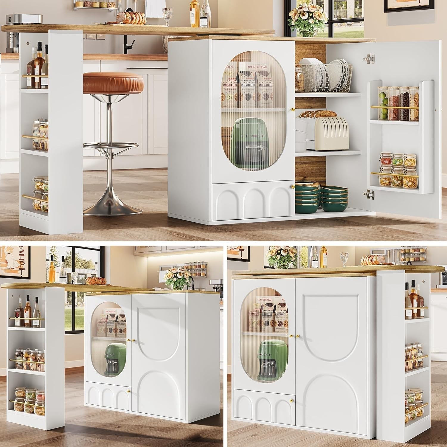 360° Swivel Bar Table w/ Shelves Storage Cabinet Modern White Kitchen Furniture
