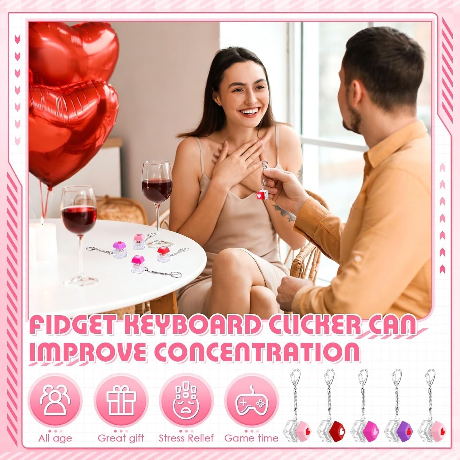 24pcs Heart Keyboard Clicker Fidget Keychain Stress Relief Valentine Gift