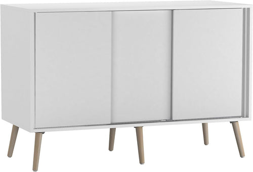 White Sideboard Cabinet 3 Door Storage Beech Legs Modern Sliding Unit
