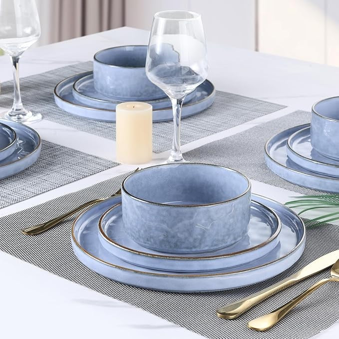 18pc Stoneware Dinner Set Plates Bowls Reactive Glaze Service for 6 Blue