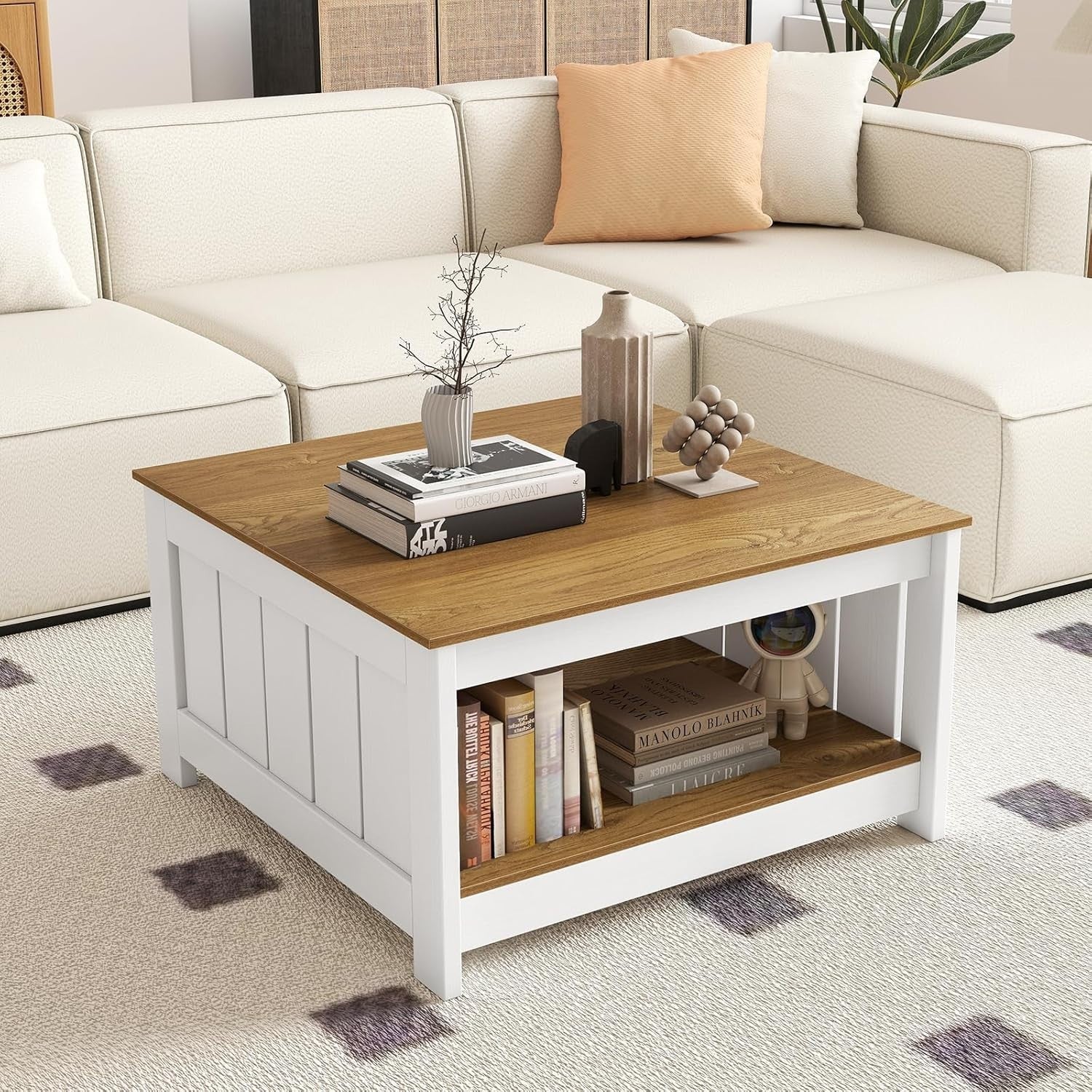 2-Tier Square Coffee Table with Storage Shelf Farmhouse Rustic 80x80x45cm