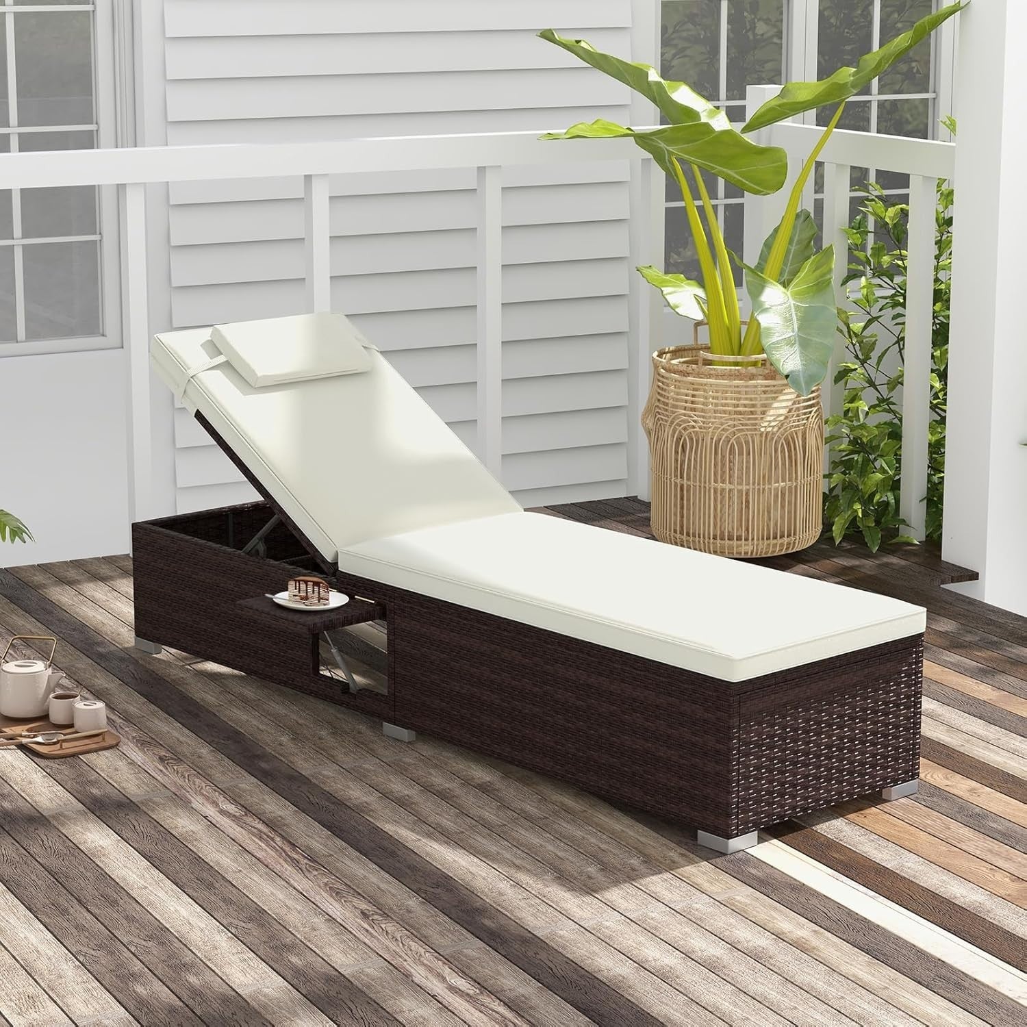 Adjustable 6-Level Rattan Sun Lounger with Cushion & Folding Table, Off-White