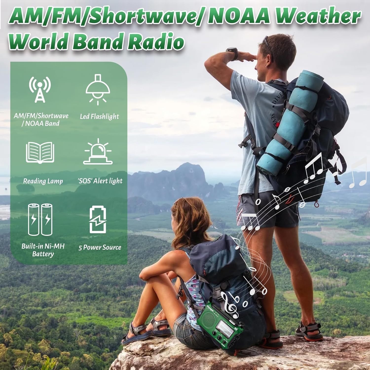 Emergency Weather Alert Radio Solar Hand Crank AM FM SW 7 Band Green