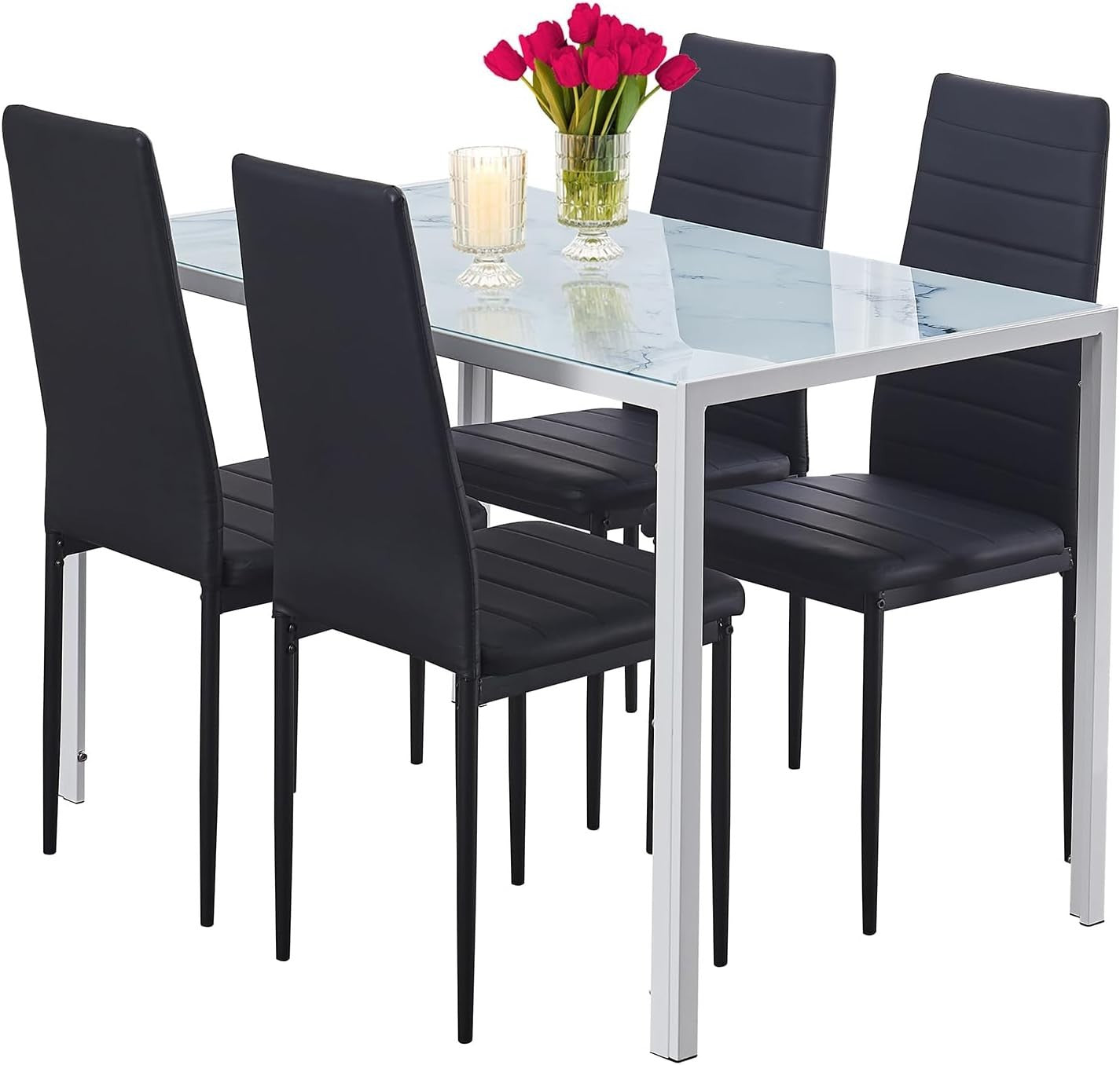 Marble Glass Dining Table Set 4 Chairs Modern Compact Kitchen Space-Saving