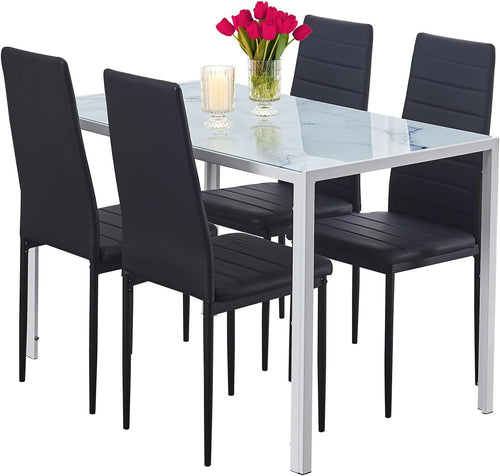 Marble Glass Dining Table Set 4 Chairs Modern Compact Kitchen Space-Saving