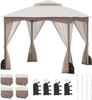 3x3M Garden Gazebo Double Roof Patio Tent With Netting & Sandbags Khaki