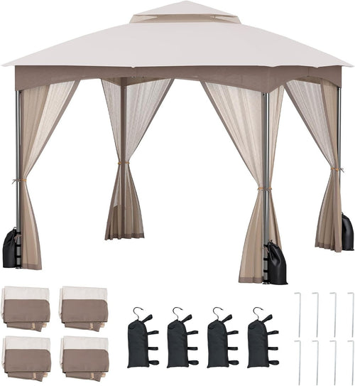 3x3M Garden Gazebo Double Roof Patio Tent With Netting & Sandbags Khaki