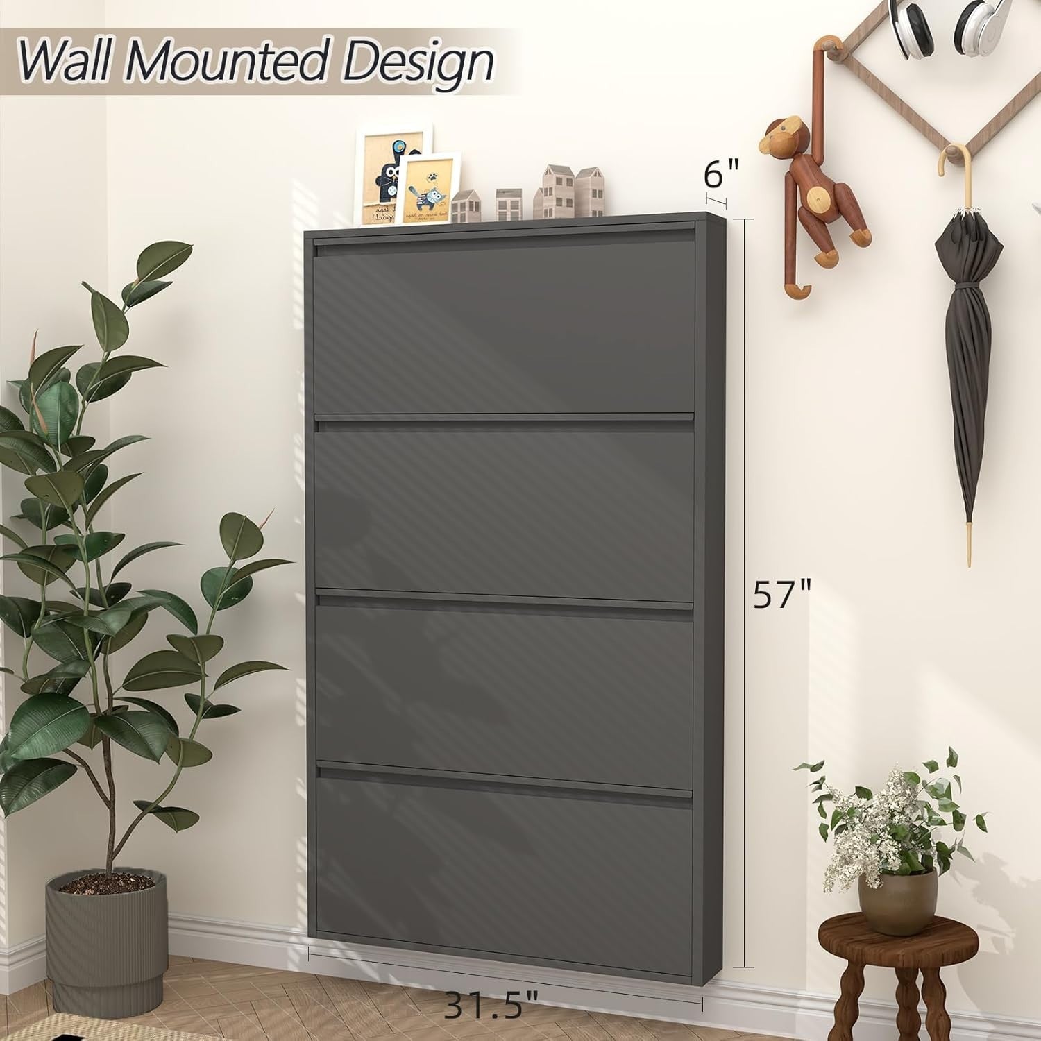 Wall Mounted Narrow Metal Shoe Cabinet 4 Flip Drawers Space Saver