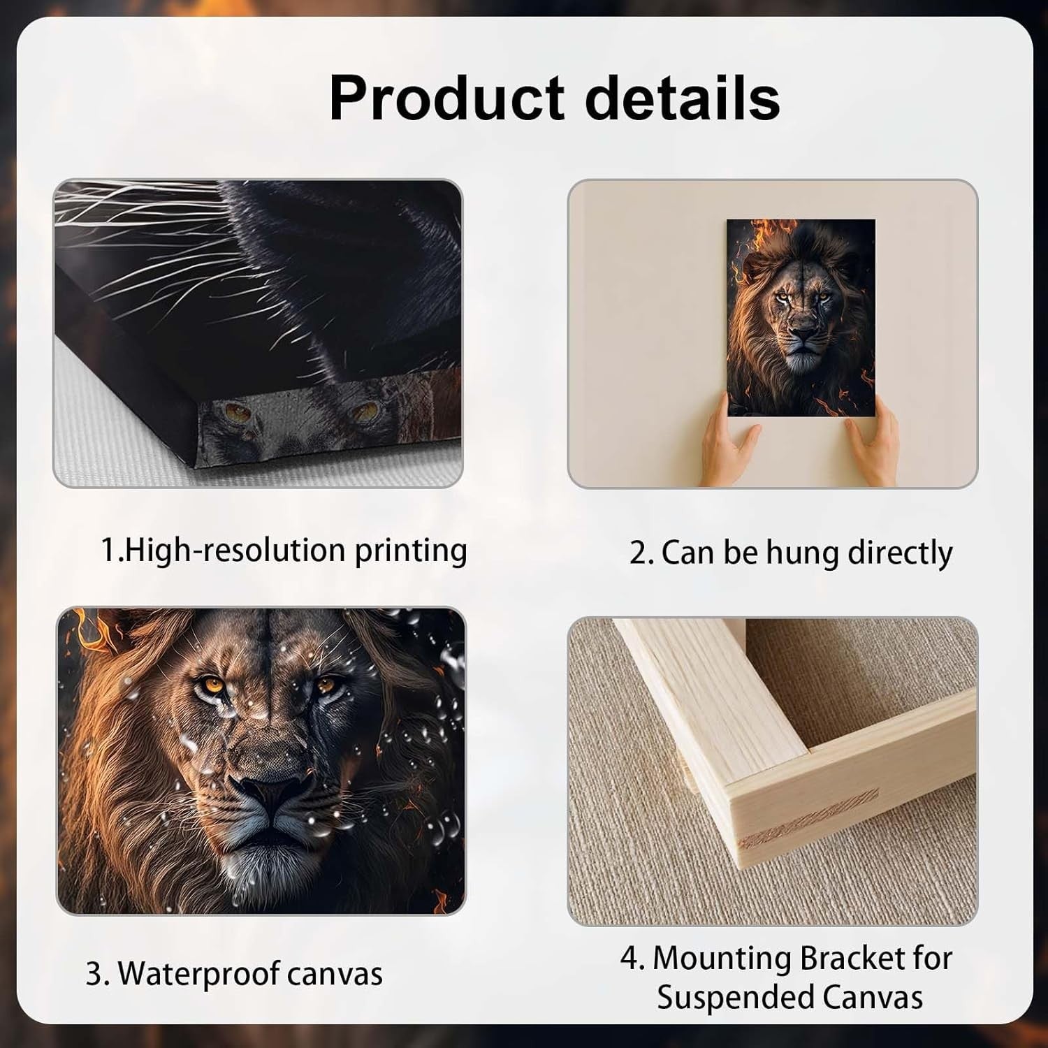 Set of 3 Animal Fire Canvas Wall Art 12x16 Framed Wolf Lion Panther Decor