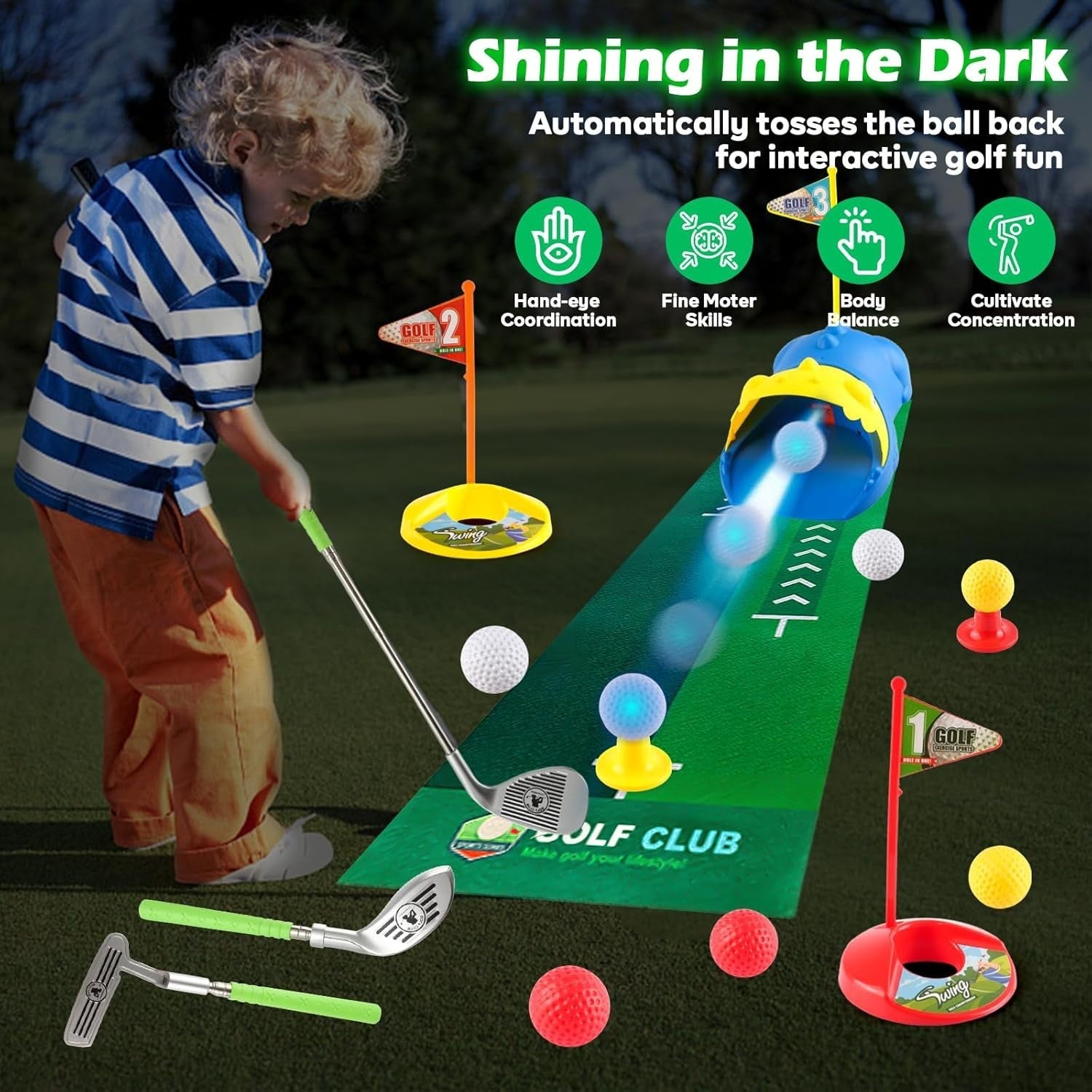 Kids Golf Set Automatic Ball Return Putting Game Indoor Outdoor Toddler Toy
