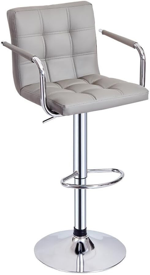 Grey Adjustable Swivel Bar Stool with Armrests & PU Leather