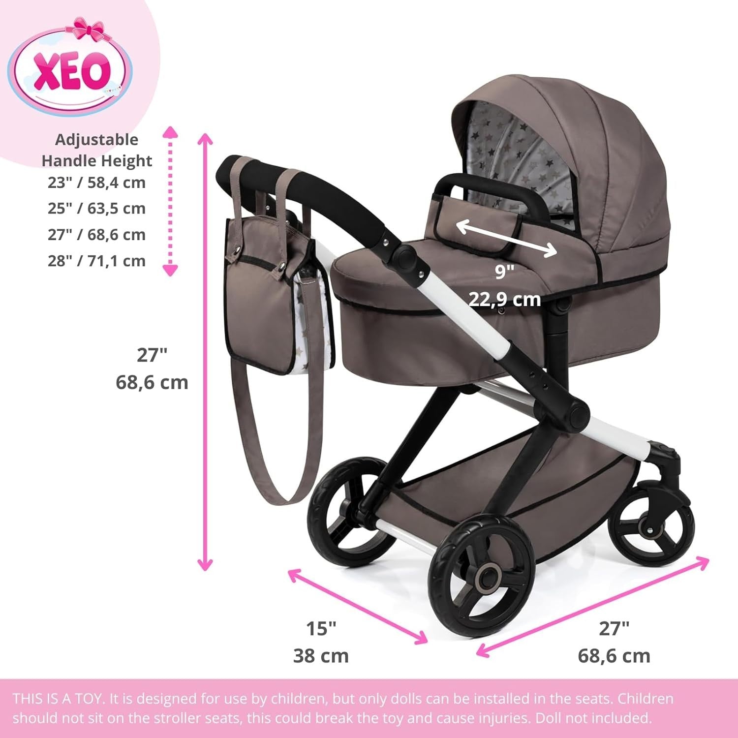 Modern Doll Pram Stroller Foldable Metal Frame Role Play Toy