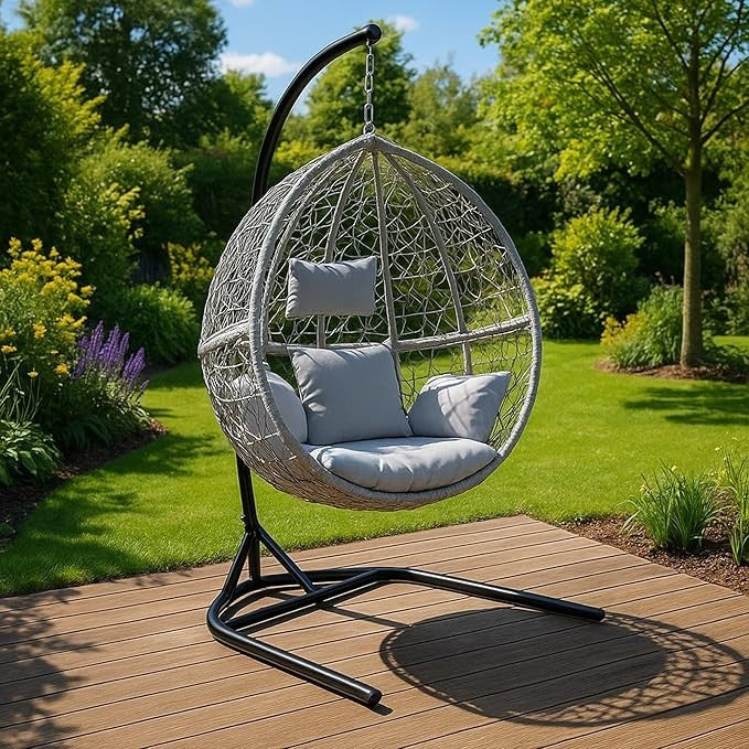 Hanging Egg Chair Grey Rattan Swing Seat w/ Cushions Indoor Outdoor Garden