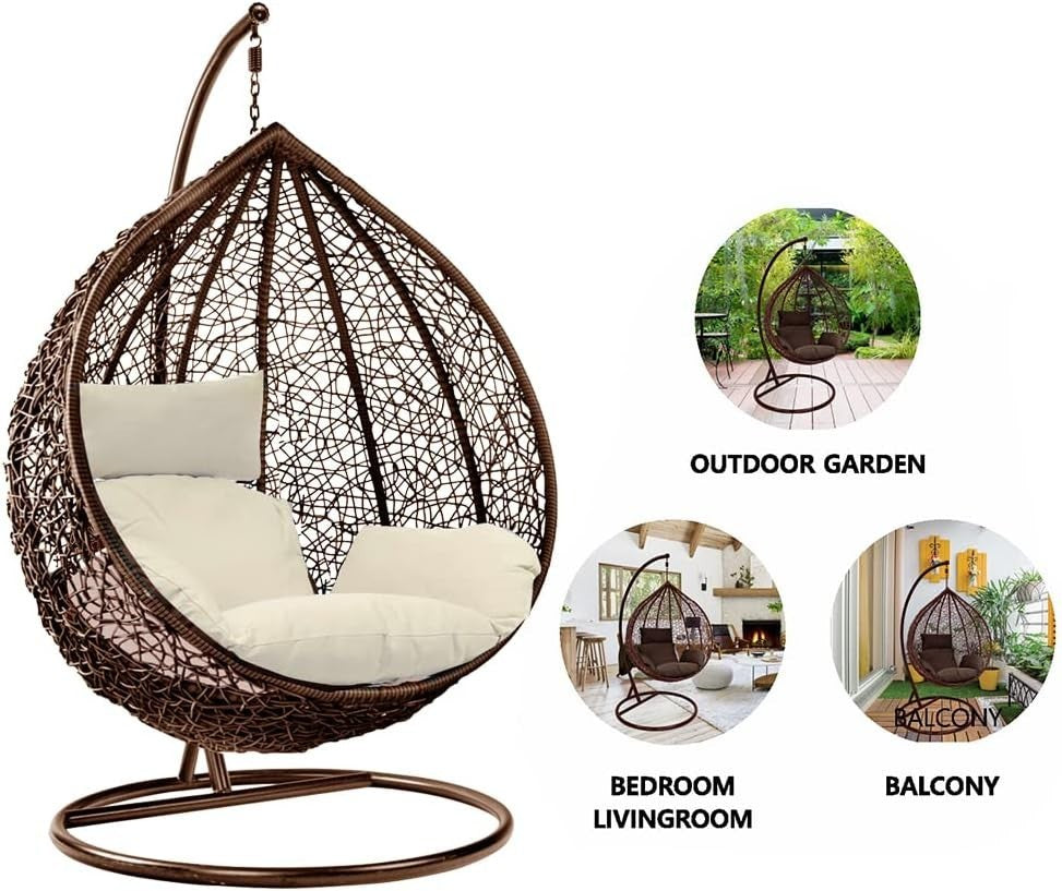 Black Rattan Egg Chair with Stand Outdoor Indoor Swing with Brown Cushion