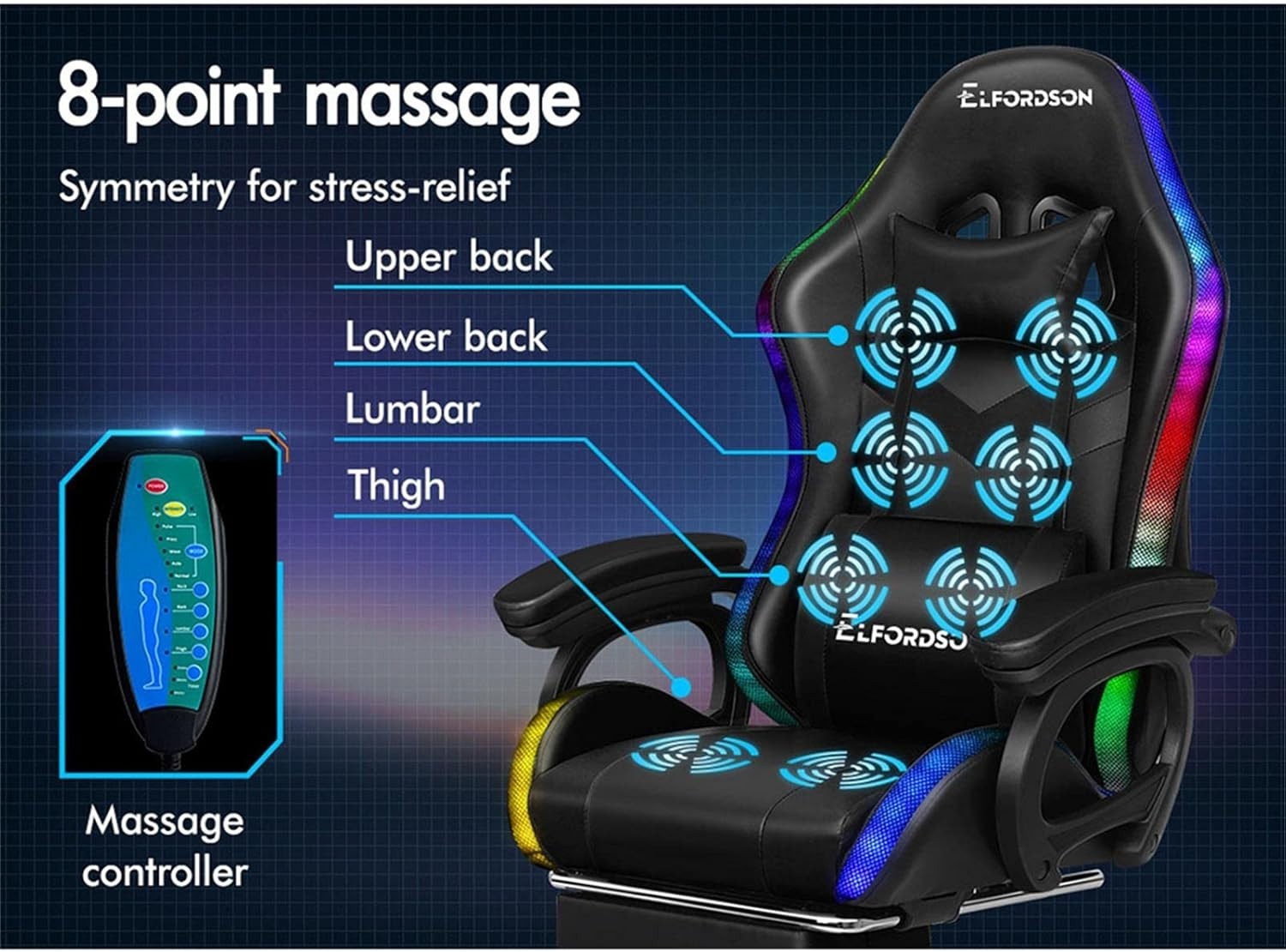 Gaming Chair LED Light RGB Racing Office Desk PC Chair Faux Leather 180KG Black