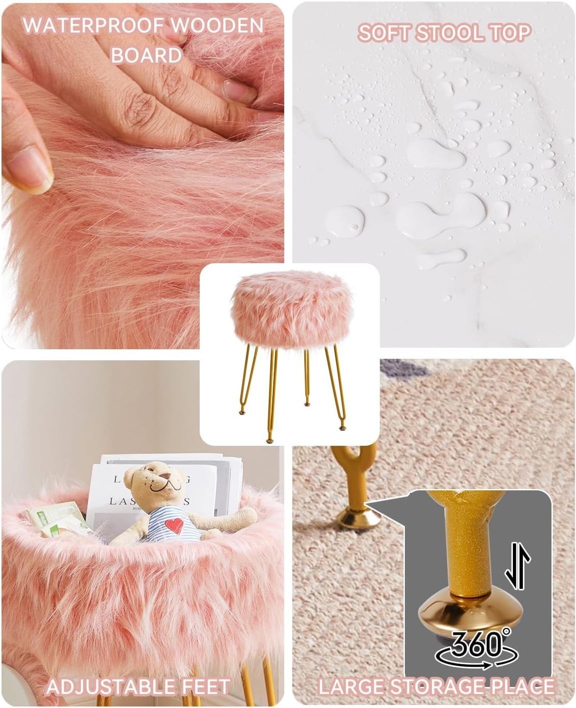 Pink Furry Round Vanity Stool with Storage – Soft Faux Fur Ottoman Seat
