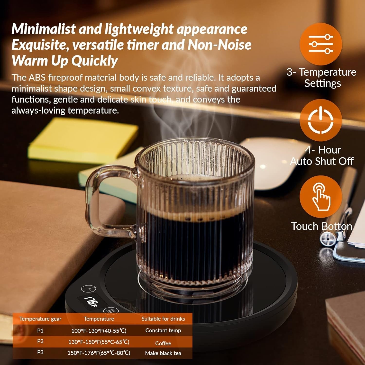 Black Coffee Mug Warmer 3 Temp Desk Heater with Timer 4H Auto Off