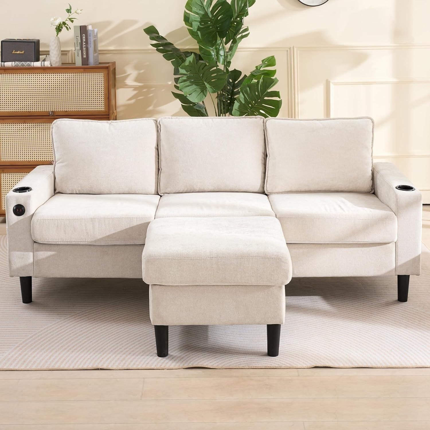 3 Seater L Shape Sofa Bed Beige w/ Chaise, USB, Storage Ottoman, Linen