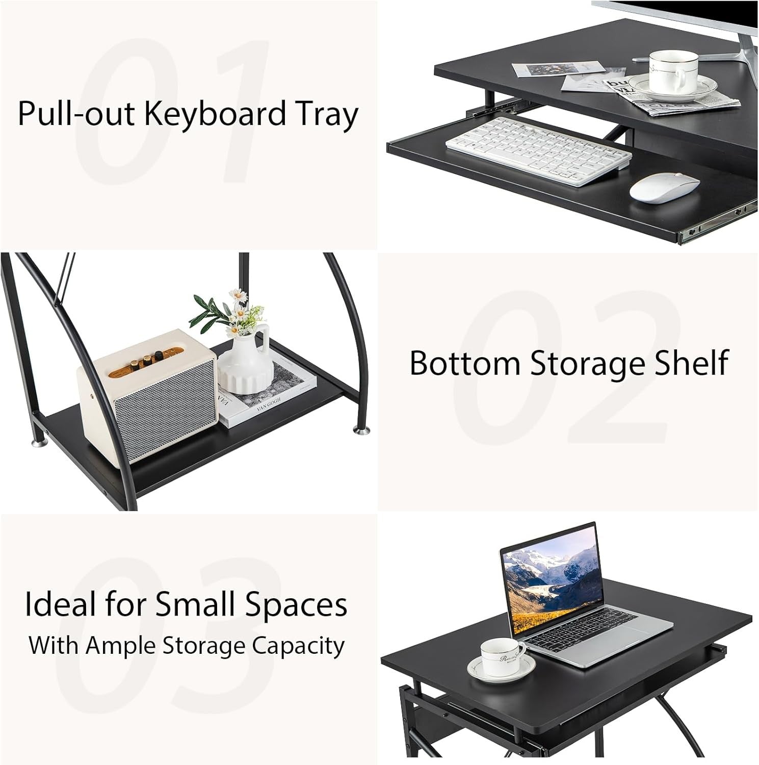 Compact Computer Desk with Keyboard Tray Storage Shelf Small Home Office Table
