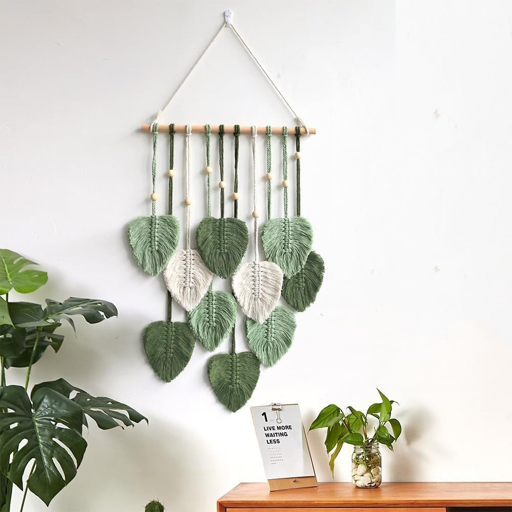 Green Macrame Wall Hanging Leaf Tapestry 40x90cm Boho Decor