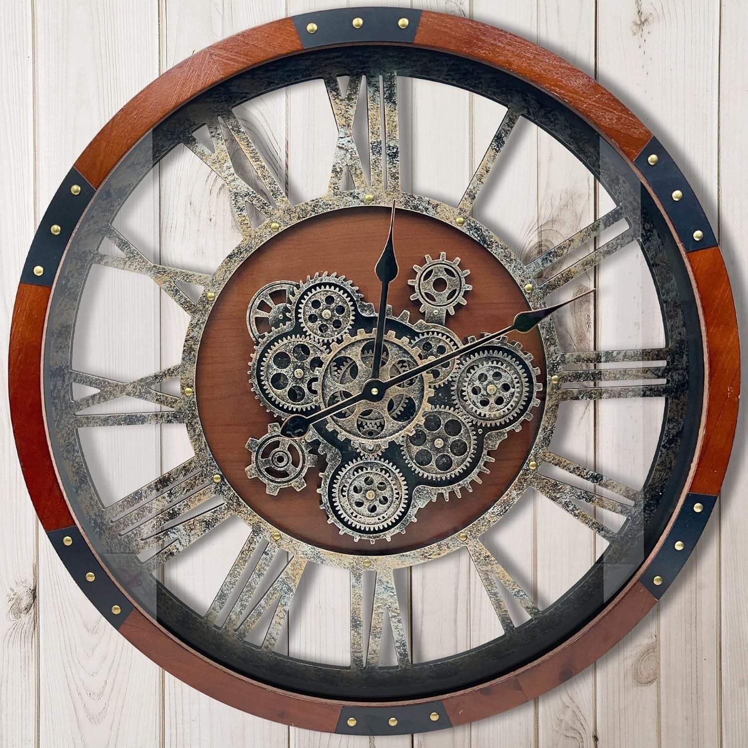 Large Steampunk Wall Clock with Real Moving Gears Rustic Wood Decor