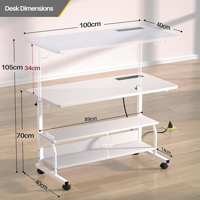 Portable Desk on Wheels Height Adjustable Standing Desk with Power USB White
