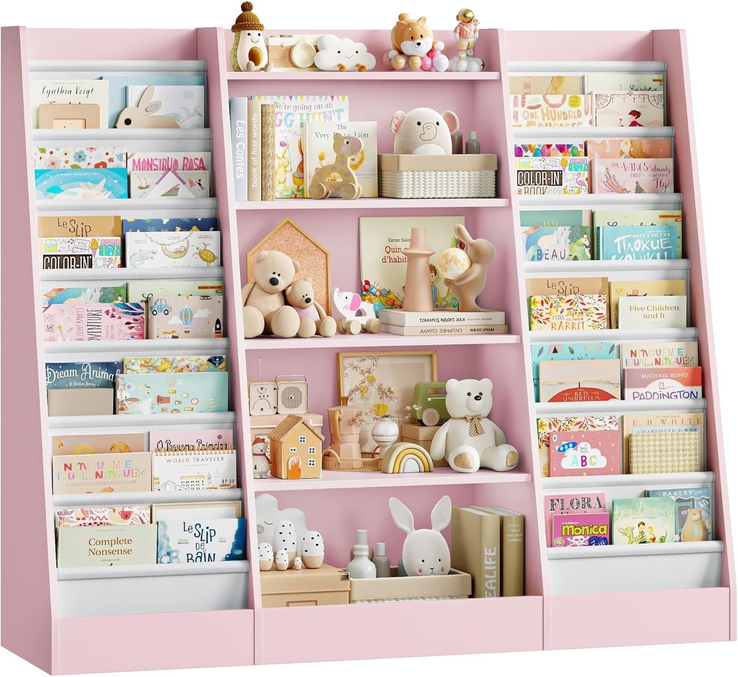 Kids Bookshelf Toy Storage Organizer with 14 Fabric Shelves & 5 Open Racks