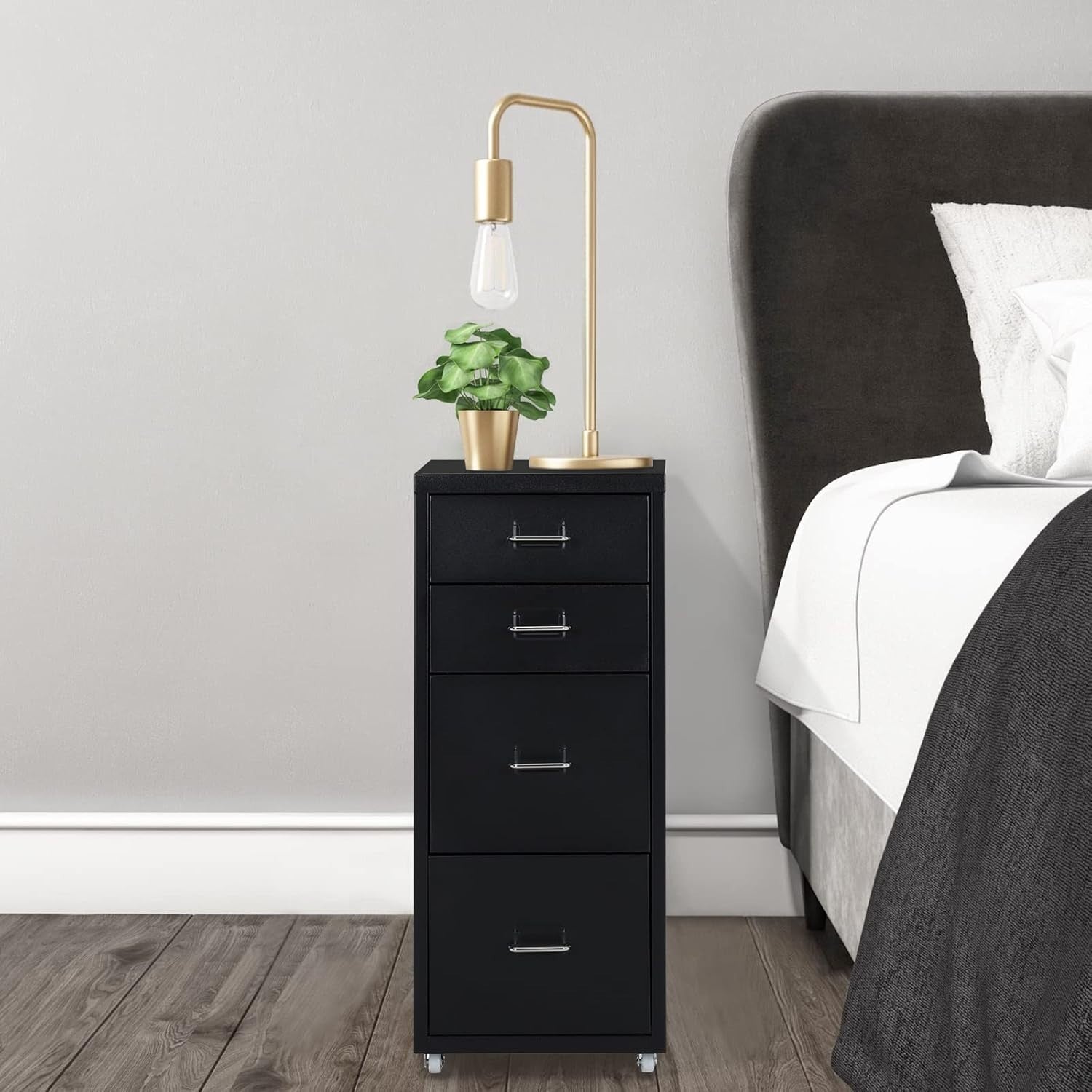Slim Metal Rolling File Cabinet 4 Drawer Mobile Office Storage Black