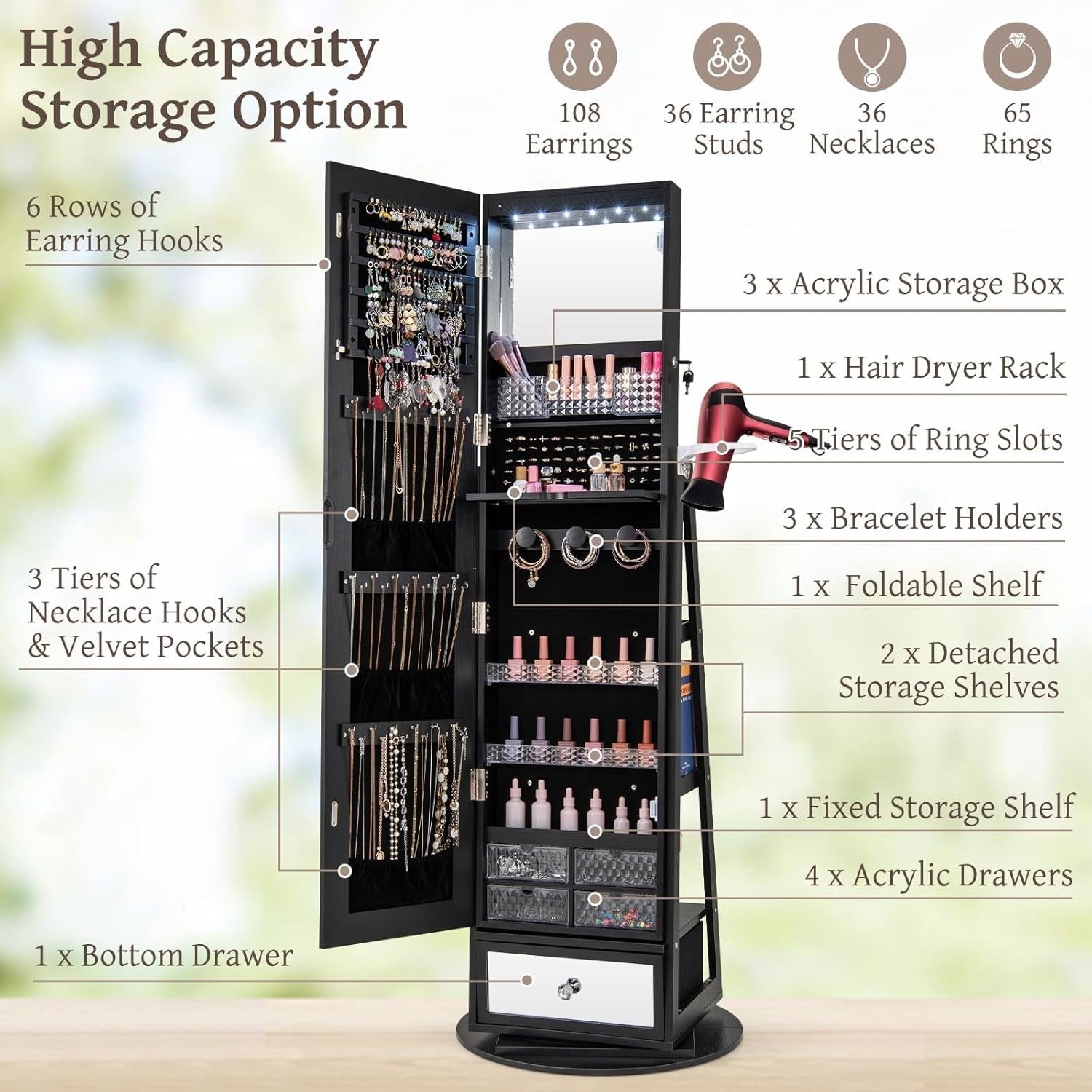 360° Swivel Jewelry Cabinet LED Mirror Lockable Makeup Storage
