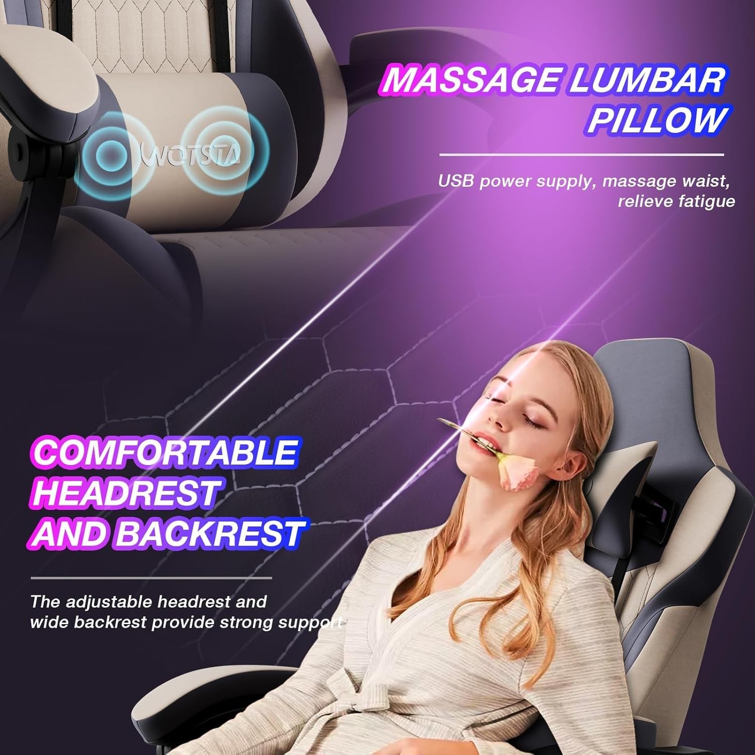 Ergonomic Gaming Chair Beige Blue w/ Footrest Lumbar