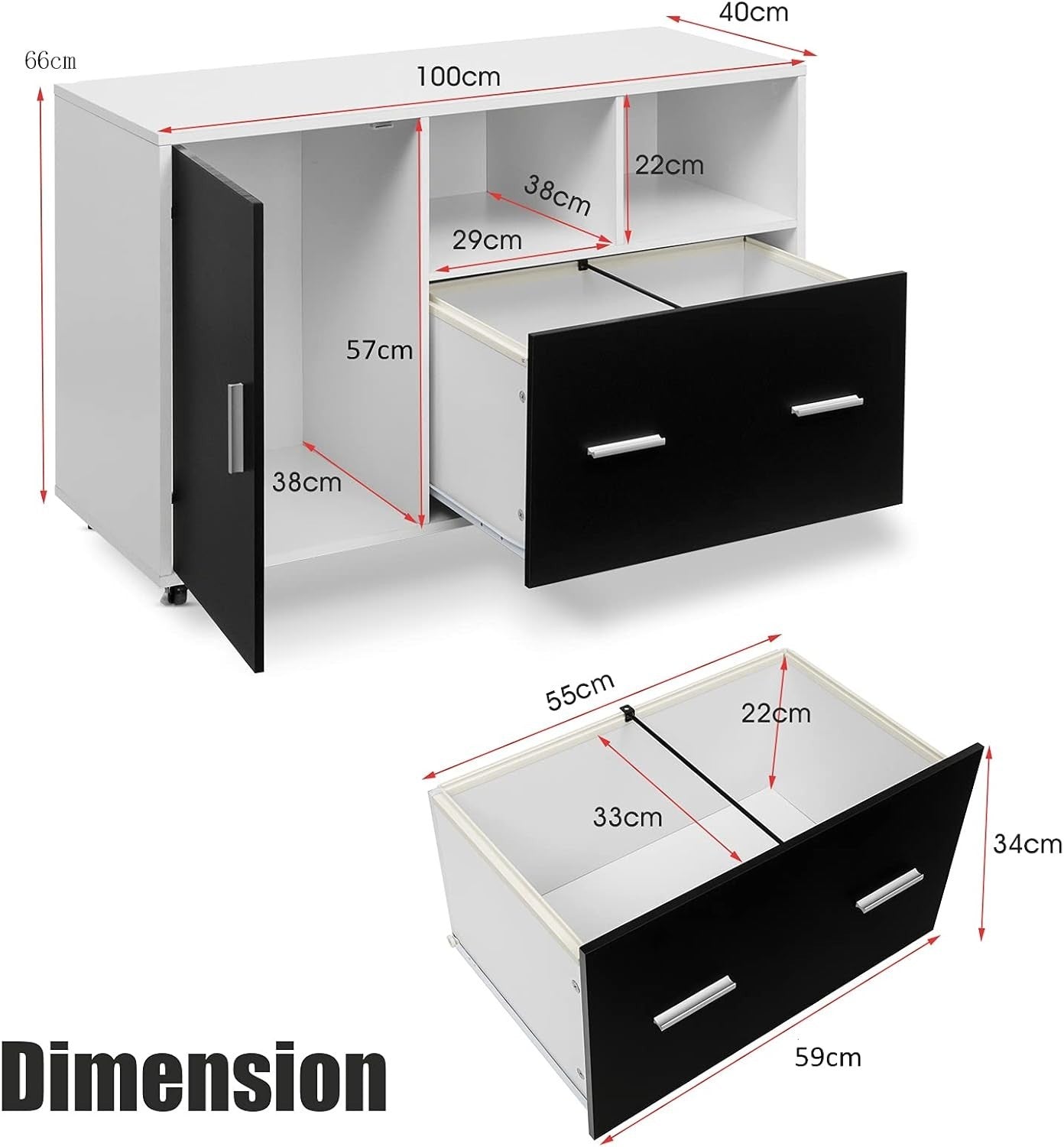 Black White Mobile File Cabinet 100cm Printer Stand Rolling Storage