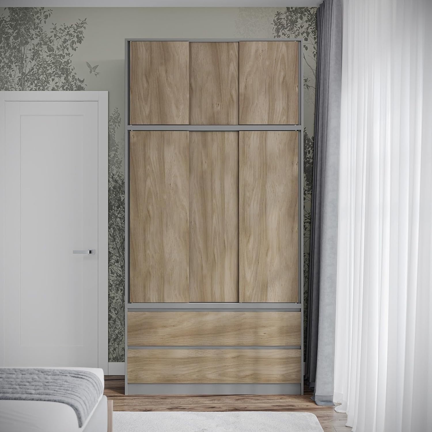 Oak Sliding Wardrobe 240cm 6 Doors 4 Drawers Bedroom Closet Storage Unit