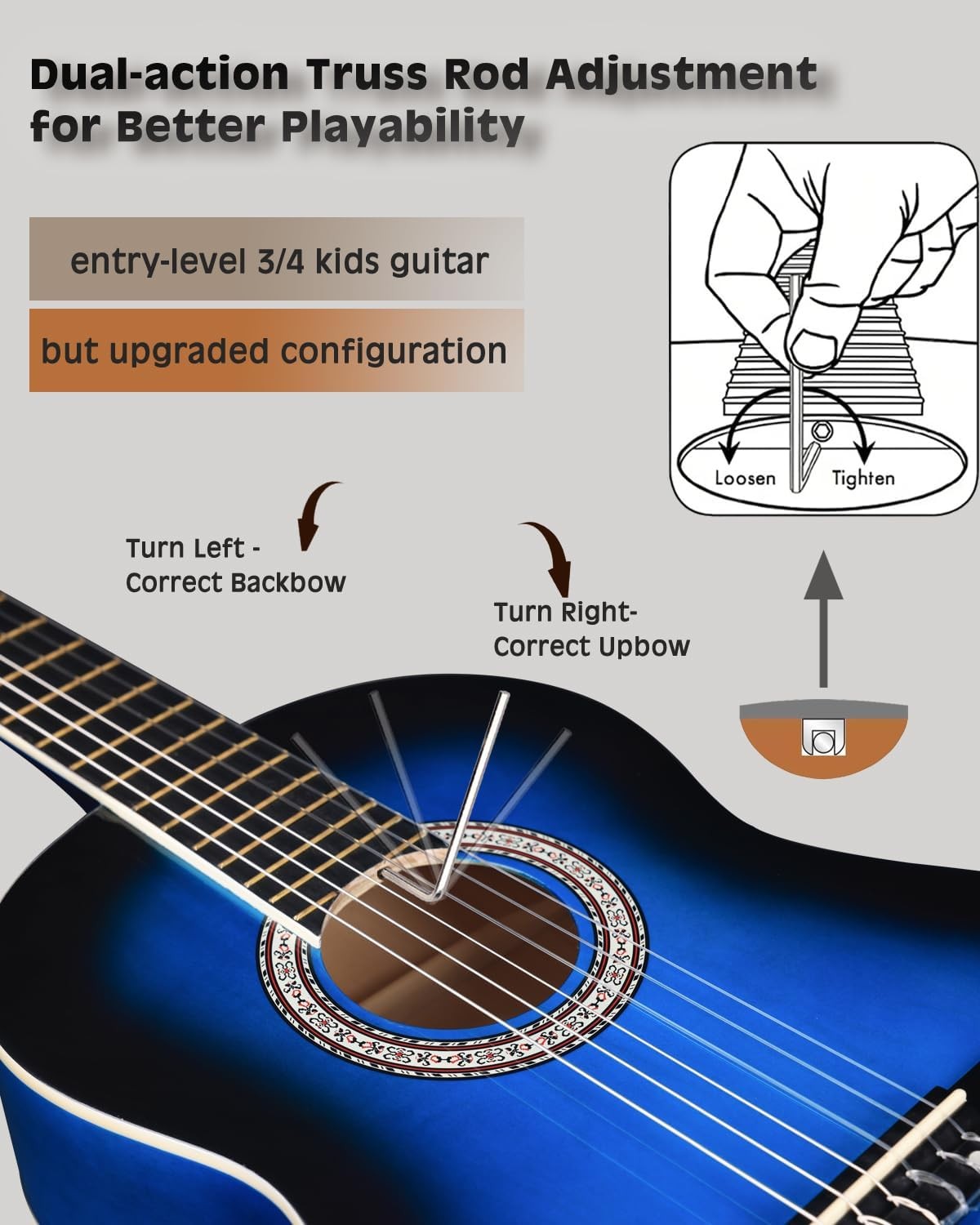 36in 3/4 Classical Guitar Kids Beginner Nylon String Blue