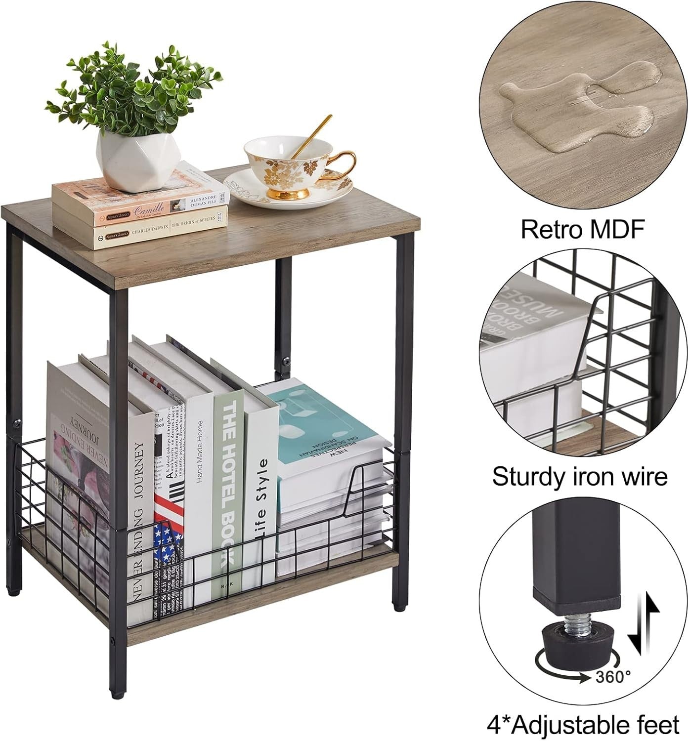 Set of 2 Industrial Side Tables with Storage Rack – Nightstands 40x29x52cm