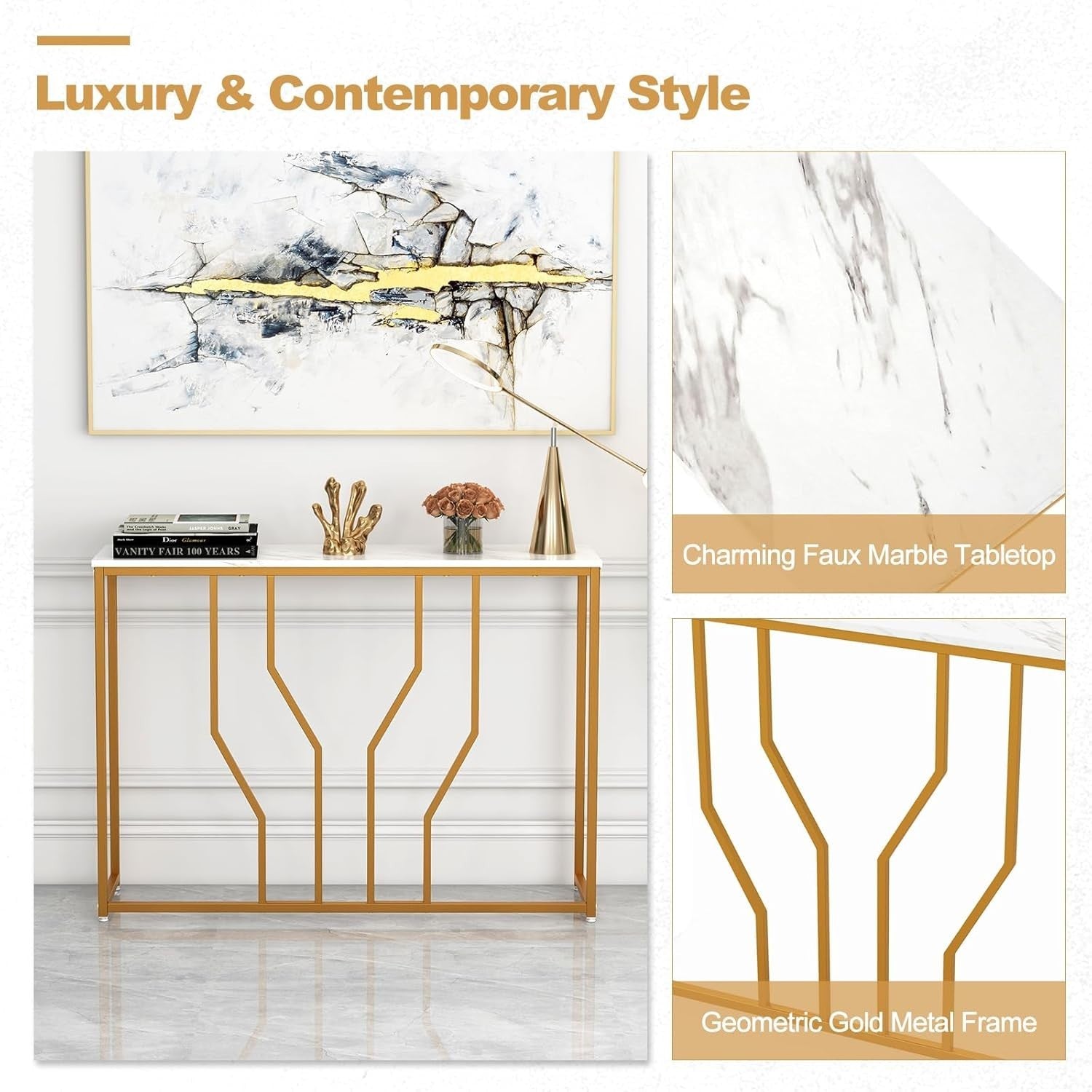 Slim Faux Marble Console Table 110cm Long Metal Frame Accent Shelf