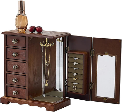 Wooden Jewelry Armoire Organizer 5 Drawers Mirror Storage Box