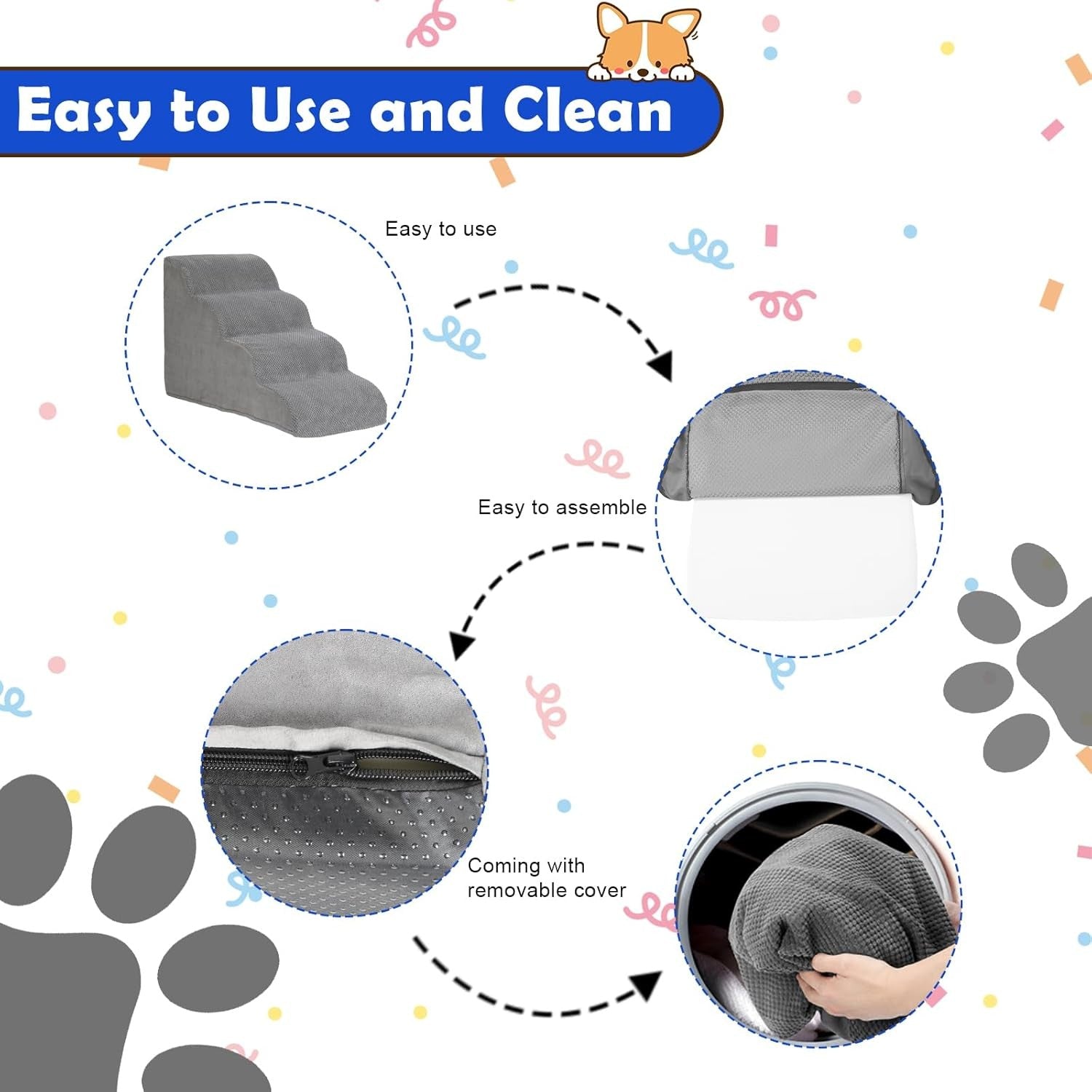 4 Step Dog Stairs Extra Tall Foam Pet Ramp Non Slip Grey