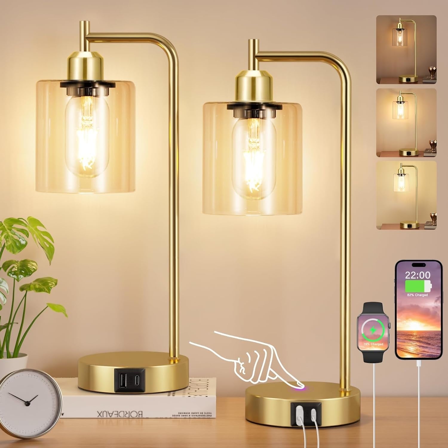 Gold Touch Bedside Lamps Set of 2 USB C+A Dimmable Clear Glass