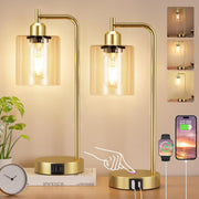 Gold Touch Bedside Lamps Set of 2 USB C+A Dimmable Clear Glass