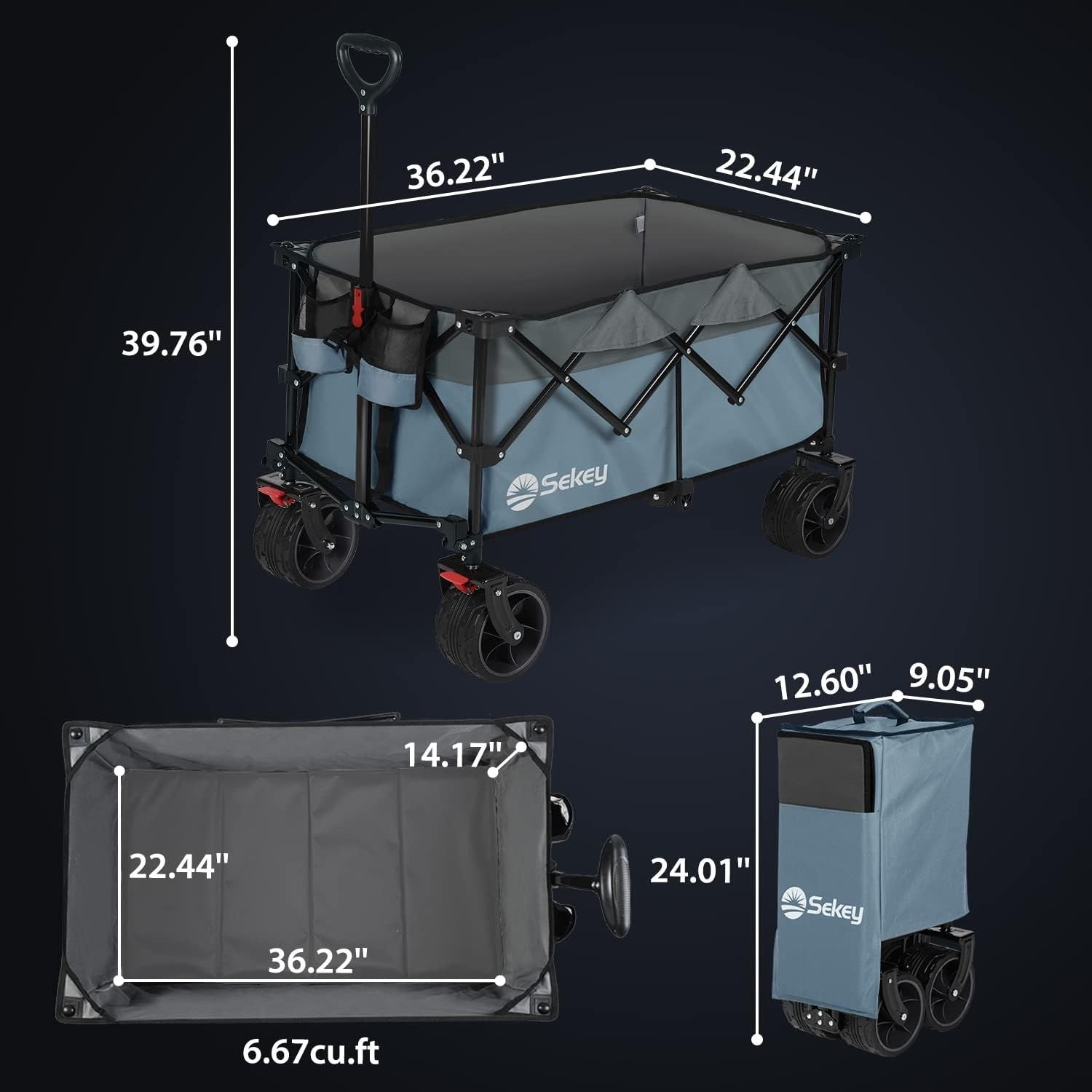 Blue/Grey 200L Folding Camping Wagon 150kg Heavy Duty All Terrain Festival Cart