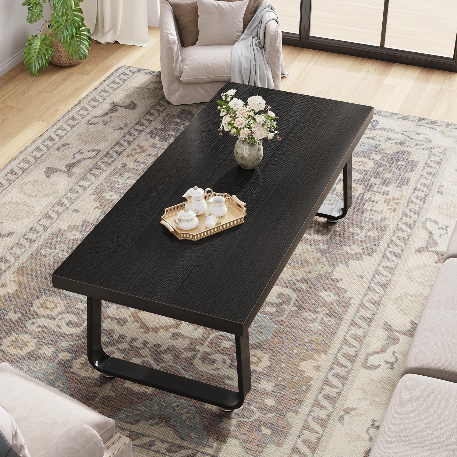 Black Oak Coffee Table 120x60x46.5cm Metal Frame, Industrial Minimalist