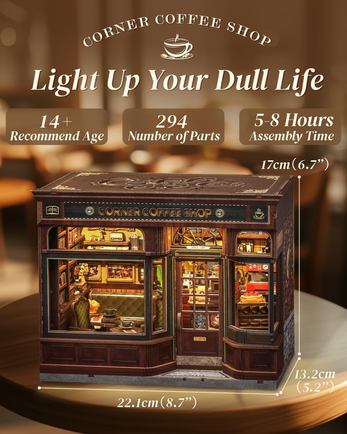 DIY Book Nook Coffee Shop Kit 3D Wooden Bookshelf Diorama LED Gift