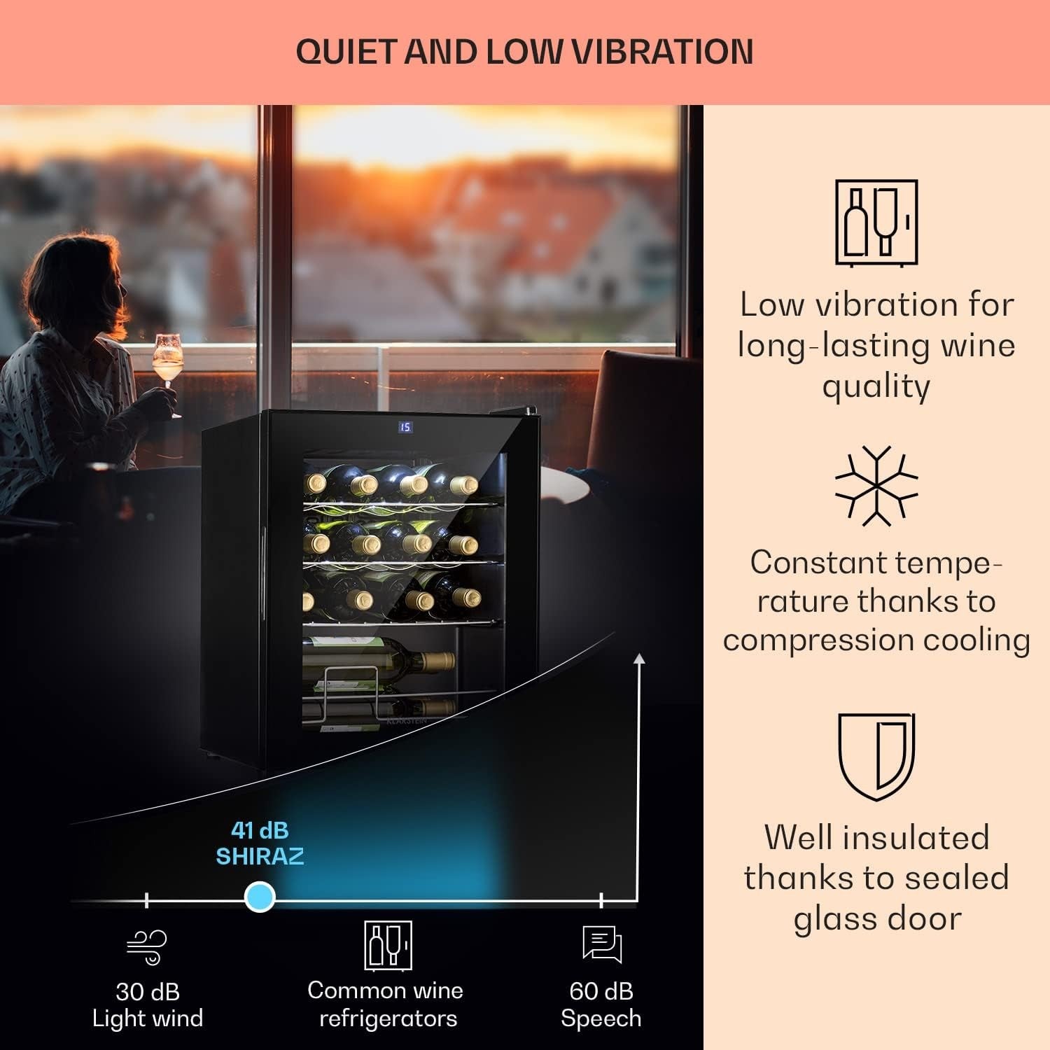 Wine Cooler Fridge 16 Bottle Glass Door Single Zone Slim Freestanding Black