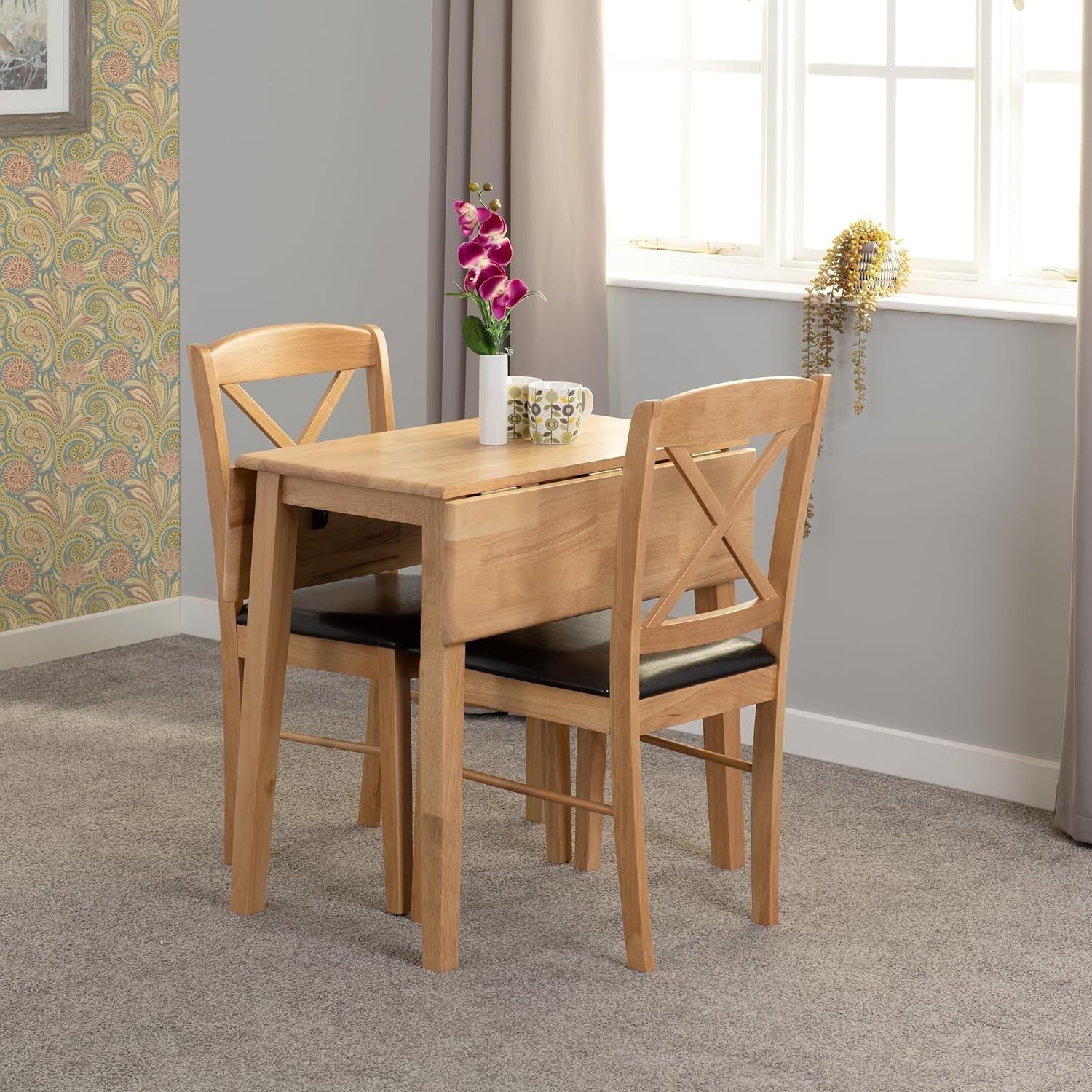 Compact Drop Leaf Dining Table & 2 Chairs Set Oak Finish Space Saving