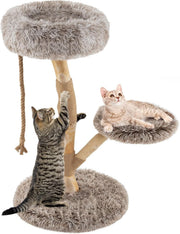 Solid Wood Cat Tree Grey Plush 90cm Multi Level Scratching Post Indoor