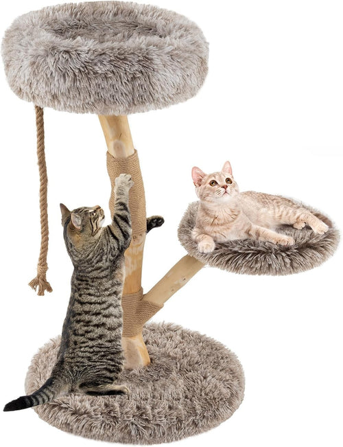 Solid Wood Cat Tree Grey Plush 90cm Multi Level Scratching Post Indoor