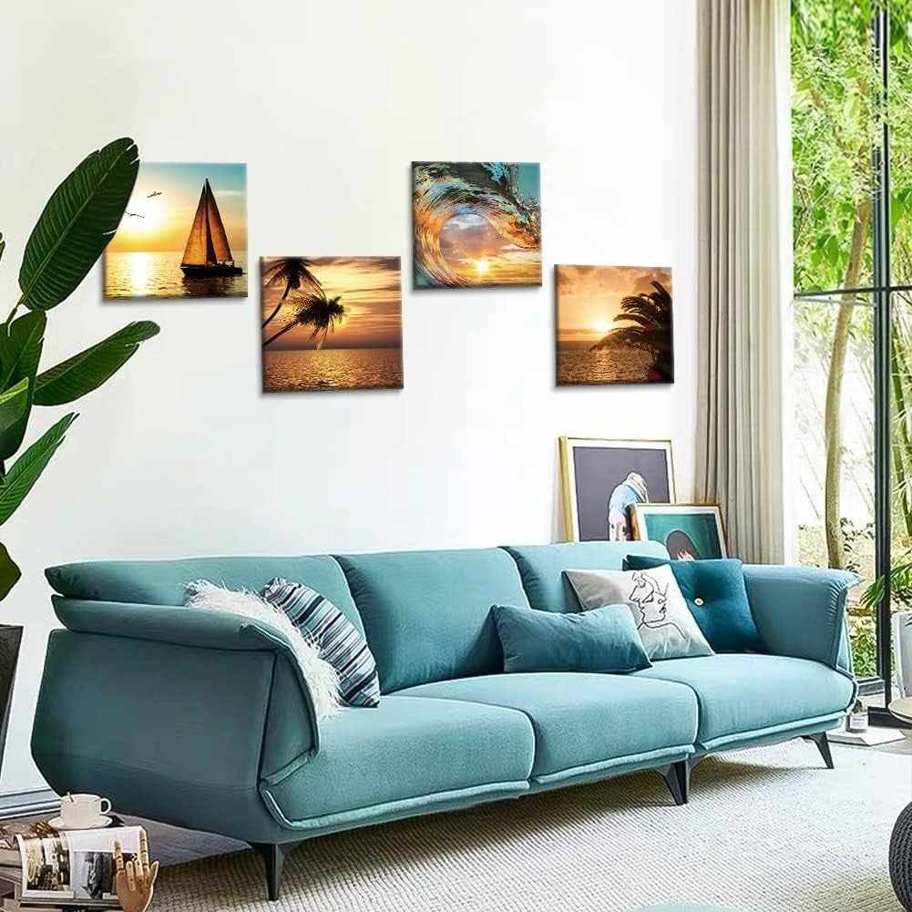 4pcs Coconut Tree Sailboat Canvas Wall Art 30x30cm Modern Decor