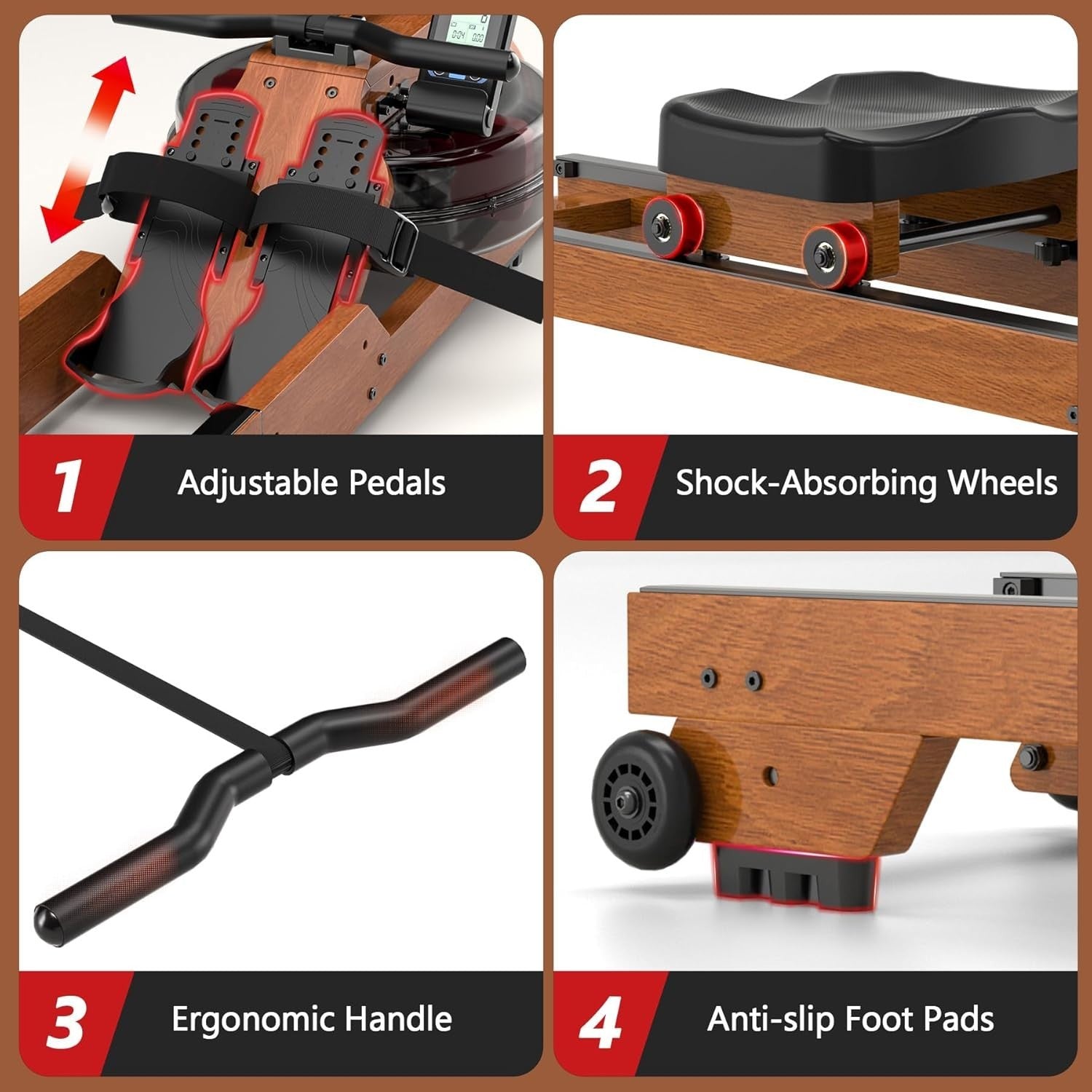 Foldable Wooden Water Rowing Machine LCD Quiet 6-Level Resistance App Home Gym