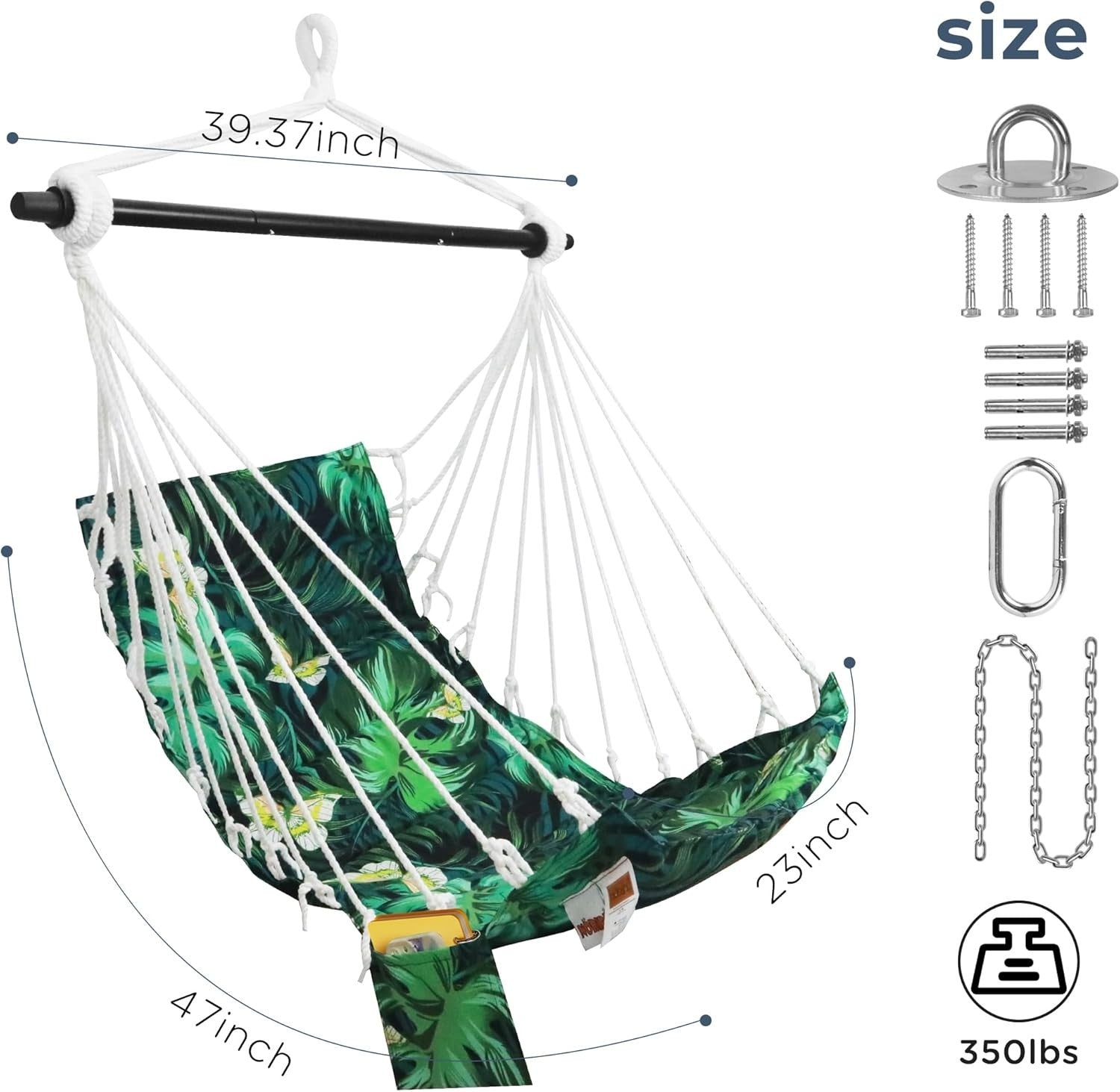 Indoor Hammock Swing Chair w/ Pocket | 350lbs, XL Seat, Easy Install